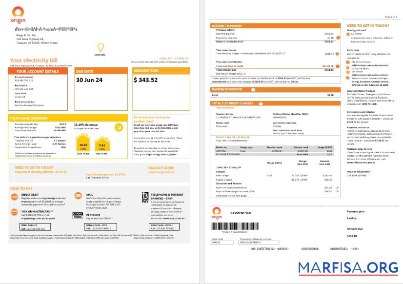 Blank Australia New South Wales (NSW) Origin electricity business utility bill template in Word and PDF forma 1 2 pages